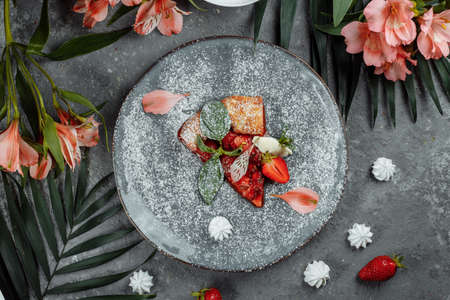 Grilled fruit pizza with fresh strawberries. best summer dessert.の写真素材