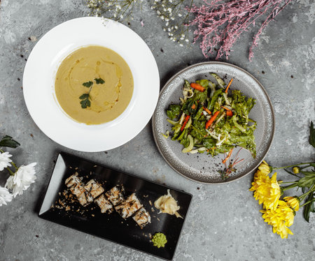 Three-course set menu for a nutritious healthy lunch in a restaurant, Three course set on a table in...