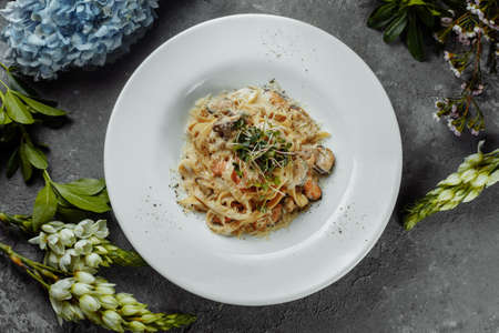 Dish of linguine allo scoglio, typical italian pasta with seafood, Mediterranean Cuisine.の写真素材