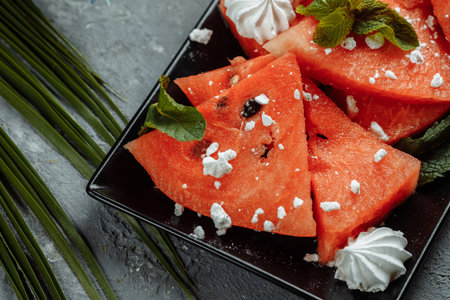 Pieces of fresh red watermelon on a black plate.の写真素材