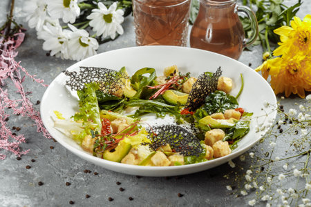 Avocado salad with baby spinach and pomegranate on a black plate on a slate,stone or concrete background.Top view with copy space.の写真素材