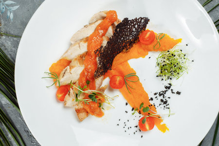 chicken fillet with apricot sauce. Summer meat dishの写真素材
