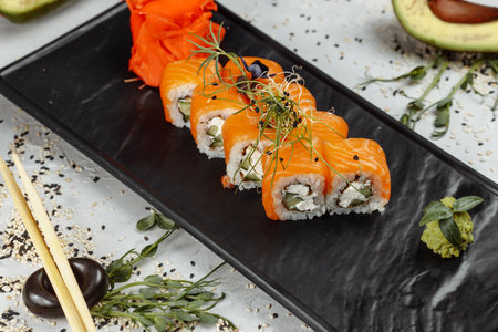 Sushi Philadelphia on a stone decorative plateの写真素材