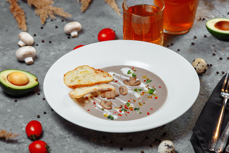 Mushroom cream soup and ingredients on grey background, close upの写真素材