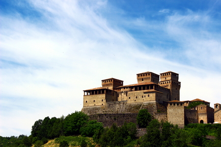 a view of the castle in Torrechiara, Italyのeditorial素材