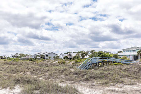 A row of beach houses and homes on the shores of Tybee Island, Georgiaの写真素材