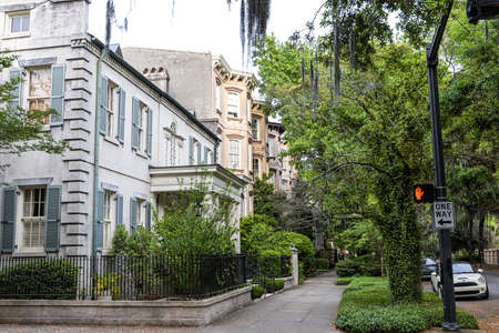 A quiet Savannah, Georgia neighborhood of historic homes and treesの写真素材