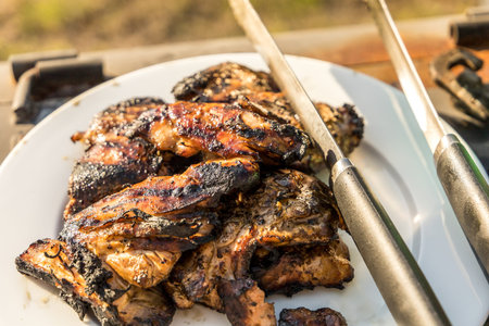Marinated and outdoor grilled chicken thighs