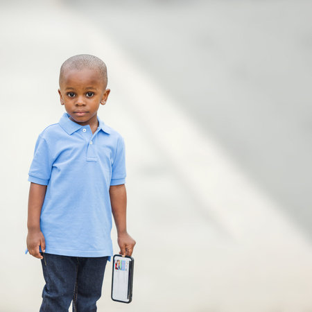 A little boy standing outside holding a cell phone and looking sad