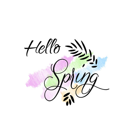 Hello Spring card with handwritten phrase, holiday poster. Vector illustration, ad, promotion, poster, flyer, web-banner, article. Hand drawn backgroundのイラスト素材