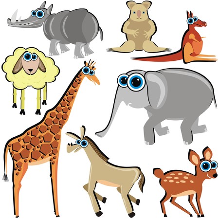 Vector Family of Funny Cartoon Animals which Eat Grass Horse Deer Giraffe Elephant Kangaroo Koala Lambのイラスト素材