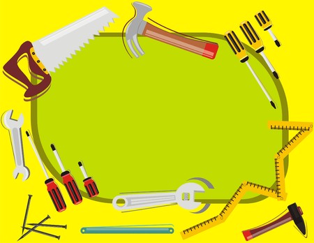 Vector Construction Background with place for Text Many Tools Objects hammer screwdriver steel nail spanner Tools of  Woodworkのイラスト素材
