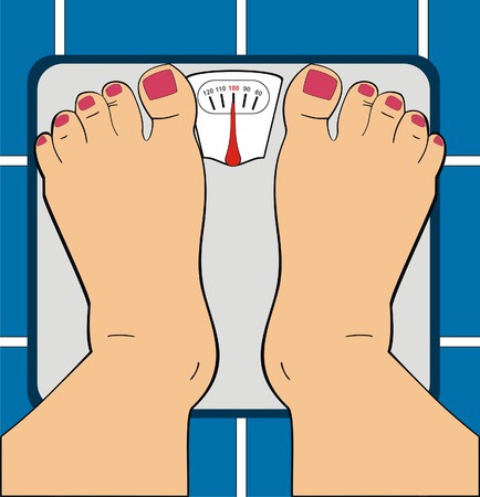 Vector Women Standing on Bathroom Scale Indicator Shows 100 KG Her Toe Nails ar Painted By Manicure Useful For Diet Use Overwieght Fitness & GYM Low Section of Humanのイラスト素材