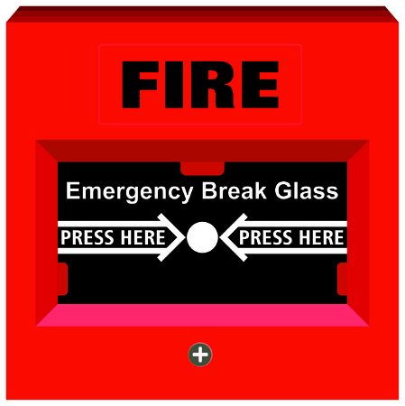 Fire Alarm Emergency Break Glass Press Here warning tool device red box button for building safety to save people life panel to avoid hazard fixed on walls all over facility and officesのイラスト素材