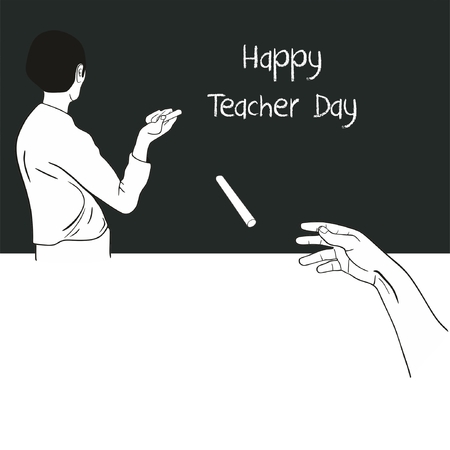 International Teacher Day Background funny concept showing hand of student throwing chalk on teacher reading the words on the blackboardのイラスト素材