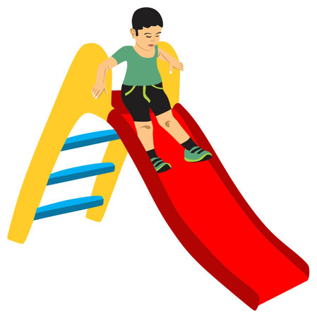 little cute boy kid having fun setting on top of slide playing excitement game playground child sliding down vector drawing illustration concept outdoor children kindergarten preschool summer activityのイラスト素材