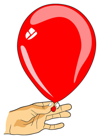 human hand holding red balloon by thumb and index finger vector drawing isolated background logo icon symbol sign inflated flying balloon closeup object happy holiday festival concept party materialのイラスト素材