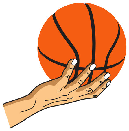 human hand holding basketball vector drawing isolated white background sport  sign flat design concept something ball drawn object illustration cartoon sticker icon player hoop net basket actionのイラスト素材