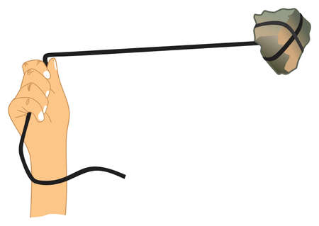 human hand hovering a rope tied to stone flat design vector drawing circle movement of object icon sign  cartoon abstract art concept scree circular motion throw shoot hunt slingshot illustrationのイラスト素材