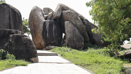 The large rock on the ground is located in the natural background.の写真素材