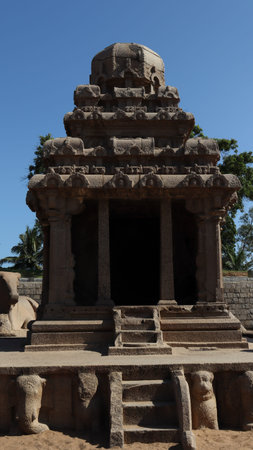 This is five rathas as they resemble the processional chariots of a temple. Statues carved in rock....