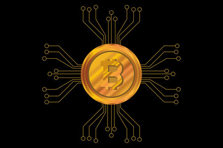 Bitcoin and electric circuit crypto currenc. with black backgroundのイラスト素材