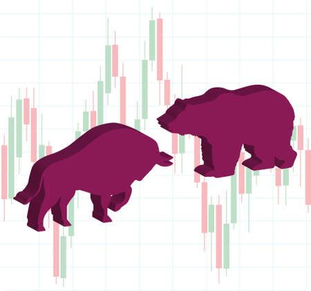 illustration of link bull and bear and stock market graph blur. with white backgroundのイラスト素材