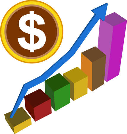 2D graph and dollar coin and growing arrow vector. on white backgroundのイラスト素材