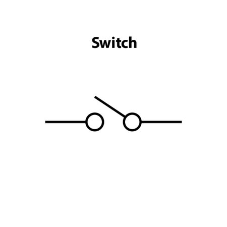 electronic symbol of open switch Illustration of basic circuit symbols. Electrical symbols, study content of physics students. Switch designed for closing, opening of electrical circuits.のイラスト素材