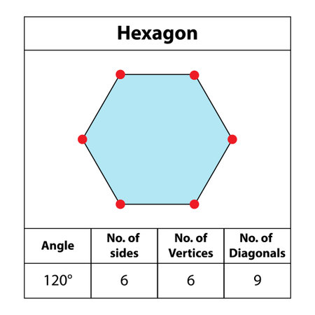 Hexagon. shapes Angles, vertices, sides, diagonal. with colors, fields for red dots Edges, math teaching pictures. Octagon. shape symbol vector icon.のイラスト素材