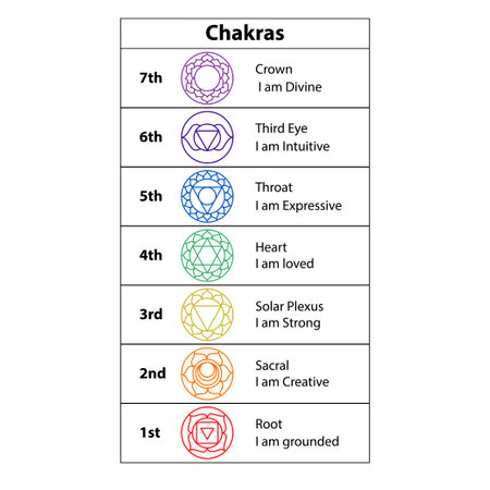 The Seven Chakras. Solid character illustration of Hinduism and Buddhism. Color yoga chakra icons isolated on white. For design, associated with yoga. Root, sacral, solar plecus, heart, throat, thirdのイラスト素材