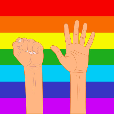 Rainbow colored backround hand with a fist raised up. Gay Pride. LGBT concept. Realistic style vector colorful illustration. Sticker, patch, t-shirt printのイラスト素材