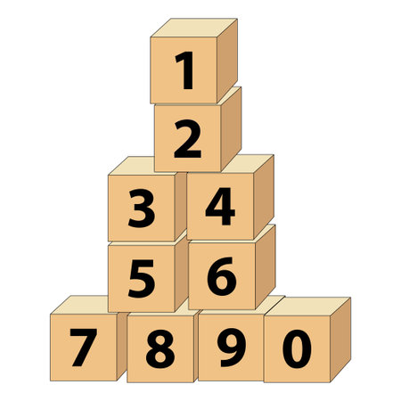 Children's number blocks, from 0 to 9, are educational blocks with big letters representing one, two, three, four, etc. This vector illustration is a basic math learning tool for kids.のイラスト素材