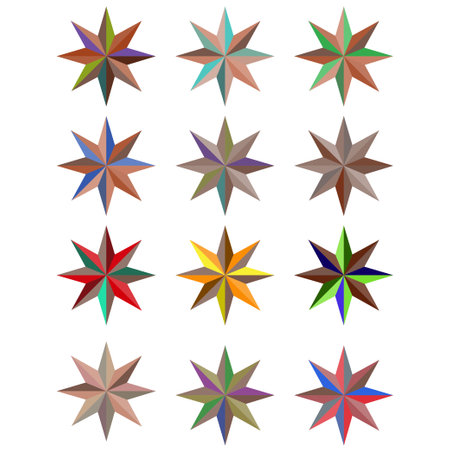 Diffrent Colorful stars set: Vector assets for Christmas stars, festival celebrations, web or game design, and app icons. Vector template isolated on a white background.のイラスト素材