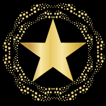 Golden shining and glowing stars, sparkle star icons,and stars with festive decoration particles create an abstract straight effect. Twinkling stars, in this vector illustration.のイラスト素材