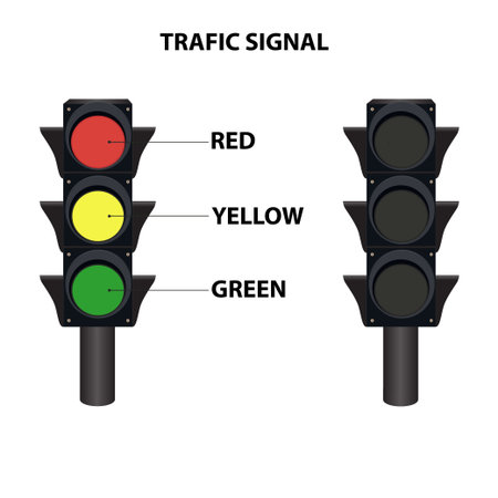 Traffic signal. red, green, yellow lights. kids learning education signal. Traffic control light signal with red, yellow and green color flat icon for apps and websites.のイラスト素材
