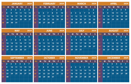 2024 calendar set. Color vector pocket calendar design. The week starts on Sunday. January, February, March, April, May, June, July, August, September, October, November, Decemberのイラスト素材