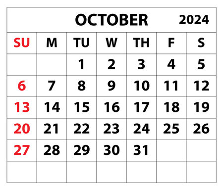 2024 October month calendar Color vector illustrator calendar design.のイラスト素材