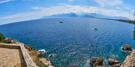 ANTALYA, TURKEY - MAY 21, 2017: Panoramic view on Old marina - most popular tourist place, cozy cafes, luxury restaurants, green park and landmarks in Antalya, Turkey.のeditorial素材