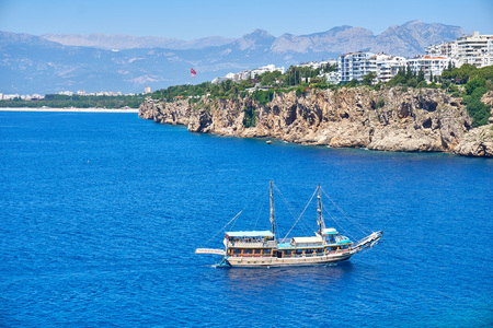 ANTALYA, TURKEY - MAY 21, 2017: Panoramic view on Old marina - most popular tourist place, cozy cafes, luxury restaurants, green park and landmarks in Antalya, Turkey.のeditorial素材