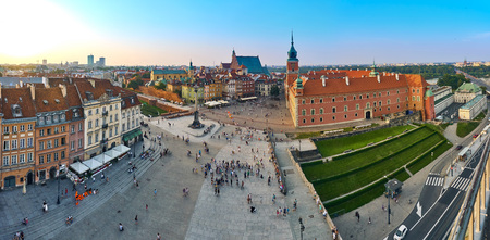 Warsaw, Poland - August 11, 2017: Beautiful aerial panoramic view of Plac Zamkowy square in Warsaw, with historic building, including Sigismund III Vasa Column, and people at summer sunset, Warsaw, Poland. Krakowskie Przedmiescie is one of the best known のeditorial素材
