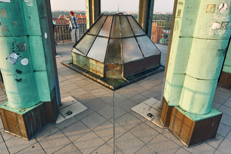 Warsaw, Poland - August 11, 2017: observation deck in old town at summer sunset, Warsaw, Poland. Krakowskie Przedmiescie is one of the best known and most prestigious streets of Poland's capital, surrounded by historic palaces, churches and manor-houses.のeditorial素材