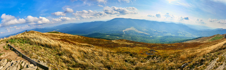 Beautiful panoramic view of the Bieszczady Mountains in the early autumn, Bieszczady National Park, Poland.の写真素材