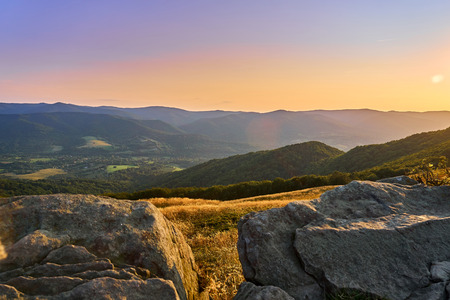 Sunset. Beautiful panoramic view of the Bieszczady Mountains in the early autumn, Bieszczady National Park, Poland.の写真素材