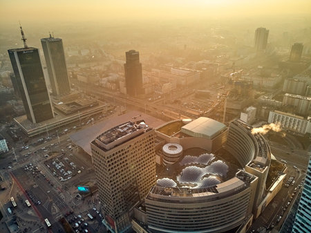 WARSAW, POLAND - DECEMBER 01, 2018: Beautiful panoramic aerial drone view to the center of Warsaw...
