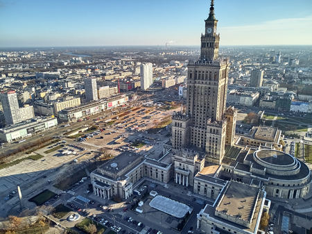 WARSAW, POLAND - NOVEMBER 20, 2018: Beautiful panoramic aerial drone view to the center of Warsaw City and Palace of Culture and Science - a notable high-rise building in Warsaw, Polandのeditorial素材