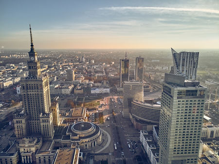 WARSAW, POLAND - NOVEMBER 20, 2018: Beautiful panoramic aerial drone view to the center of Warsaw City and Palace of Culture and Science - a notable high-rise building in Warsaw, Polandのeditorial素材