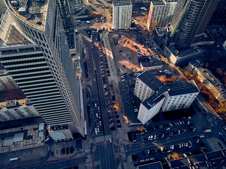WARSAW, POLAND - NOVEMBER 20, 2018: Beautiful panoramic aerial skyline drone view to the skyscrapers...