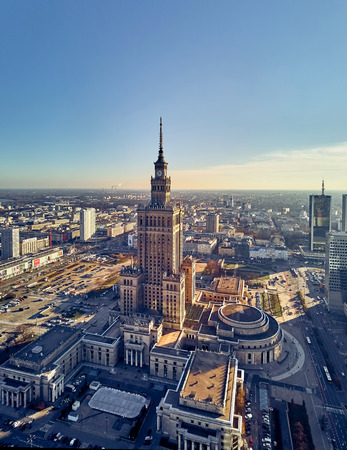 WARSAW, POLAND - NOVEMBER 20, 2018: Beautiful panoramic aerial drone view to the center of Warsaw City and Palace of Culture and Science - a notable high-rise building in Warsaw, Polandのeditorial素材
