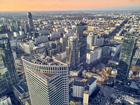 WARSAW, POLAND - NOVEMBER 20, 2018: Beautiful panoramic aerial skyline drone view to the skyscrapers located center of Warsaw City, Polandのeditorial素材
